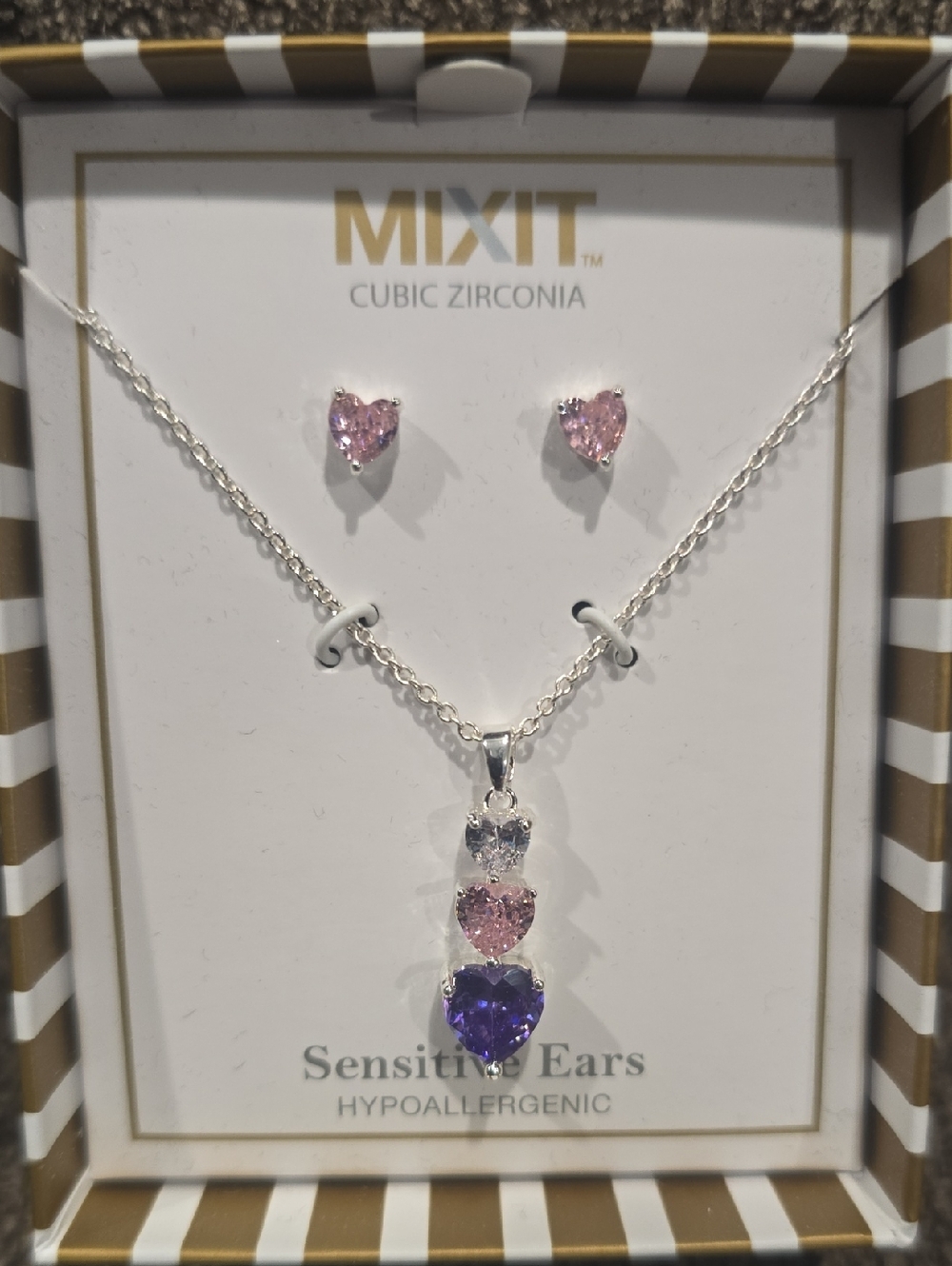 Mixit Brand Girl's Silver-Tone Necklace and Stud Set with Pink and Purple Hearts